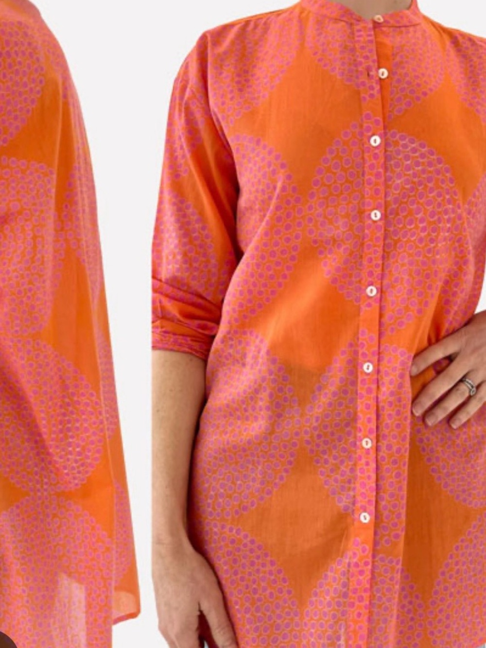 See Design Tunic Womens Size M/L Vibrant Orange and Pink Button-Up cotton Boho